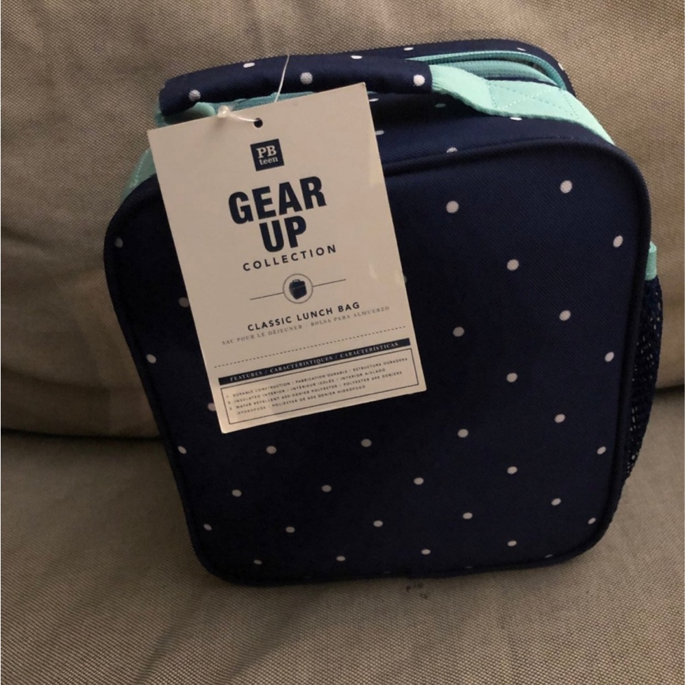 Pottery Barn Navy Polka Dot Lunch Bag with Mint Accents